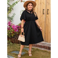 Robe noire à col en dentelle taille plus, robe midi élégante à coupe trapèze pour femmes, tenue décontractée pour les fêtes d'été