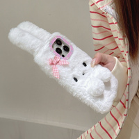 Étui de téléphone à fourrure rose pour iPhone 16 15 Pro Max drôle lapin épais hiver chaud étuis en peluche 3D dessin animé flou mignon étuis de téléphone