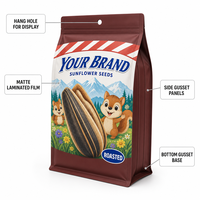 Sachet Doypack personnalisé imprimé pour graines de tournesol, avec soufflet latéral, fermeture éclair refermable et trou de suspension, qualité alimentaire, pour la vente en gros de snacks