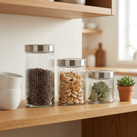 3 pots de conservation hermétiques en verre transparent côtelé moderne, écologiques, avec couvercle en métal, pour la conservation des aliments secs en cuisine