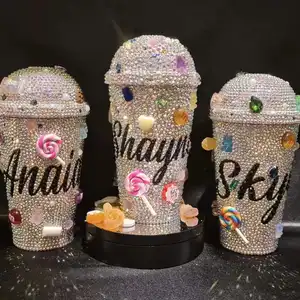 Cute Candy Blinged Cups New Bling Water Bottles Glass Bottles 16oz kids gift beverage coffee bottle OEM customer design