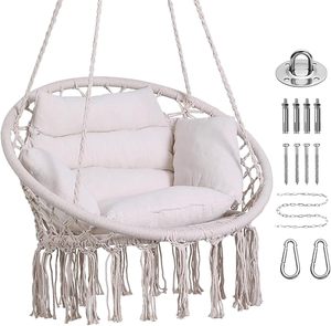 เก้าอี้แขวนแบบมาคราเม่ พร้อมเบาะรองนั่ง ชุดอุปกรณ์ติดตั้งบนเพดาน ตะขอเกี่ยว สายถักแบบมีชายครุย - Product Image 1