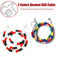 Câble de charge USB perlé de style coloré avec perles rondes, ornement délicat, câble de synchronisation de données pour téléphone portable