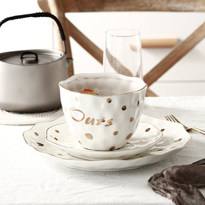 Soldes Exceptionnelles : <span class=keywords><strong>Vaisselle</strong></span> en Céramique Dorée à Pois <span class=keywords><strong>de</strong></span> Style Européen, Assiette <span class=keywords><strong>de</strong></span> Service Domestique, Bol à Soupe. - Product Image 4