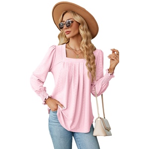 Autunno donna 3D Jacquard t-shirt Design popolare collo quadrato ampia manica lunga con perline camicetta Casual per le signore ragazze - Product Image 1