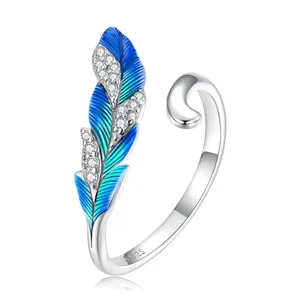 925 Sterling Silver Enamel Blue Feather Open Ring For Women Shiny Cz Adjustable Statement Ring Wedding Party Jewelry Gift BSR301