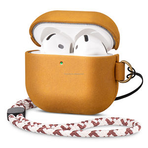 Étui en cuir de vachette véritable Crazy Horse pour <span class=keywords><strong>Airpods</strong></span> 4, style Indiana-Jones, LED avant visible, marron clair - Product Image 1