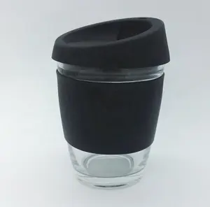 可重复使用的340毫升玻璃单壁咖啡杯，带硅胶套和盖子，隔热玻璃咖啡杯