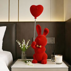 Nordic Style Flocked Rabbit Resin Ornament Gray Red Heart <b>Balloon</b> Home <b>Decoration</b> Living Room TV Cabinet Craft Artistic <b>Decor</b> - Product Image 2