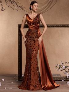 ชุดราตรียาวปักเลื่อมคอวีชุดเดรสนางเงือกแขนกุดสำหรับผู้หญิงชุดงานปาร์ตี้งานพรอมค็อกเทล - Product Image 3