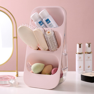Organisateur de cosmétiques à trois niveaux avec compartiments pour pinceaux de maquillage, éponges et produits de soin de la peau, rangement de bureau rose - Product Image 1