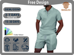 क्रॉस-बॉर्डर पुरुषों के यूरोपीय अमेरिकी एलिएक्सप्रेस ग्रीष्मकालीन वाफ़ल ठोस रंग पैचवर्क जिपर शॉर्ट-आस्तीन 100% पॉलिएस्टर सेट - Product Image 4