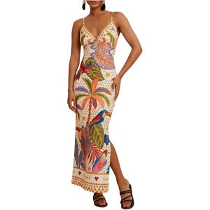 Robe midi sans manches à col en V avec imprimé tropical pour femme, robe de plage à fente pour les vacances - Product Image 1