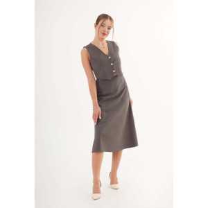 Ensemble élégant pour femme, deux pièces, sans manches, veste et jupe en satin anthracite avec boutons dorés - Product Image 3