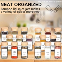 Set Botol Stoples Bumbu Kaca dengan Label Bumbu 4oz, Wadah Bumbu Kotak Kosong, Pot Bumbu, Shaker BBQ, Tutup dan Tutup Bambu
