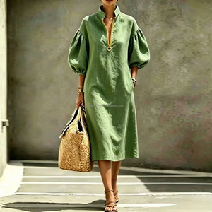 Robe en lin jaune sur mesure OEM, col montant, manches bouffantes, demi-fermeture éclair, kaftan ample, élégante, pour femme, été, décontractée, longueur midi - Product Image 4