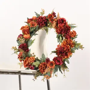 QSLH-S0391Amazon New Design Handmade Fall Rose Wreath Silk Autumn Floral Wreath for Outdoor Indoor Wall Decoration
