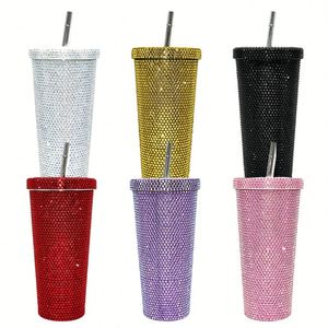 Gobelet isotherme personnalisé en acier inoxydable de 500 ml et 750 ml, avec strass effet diamant, couvercle et paille, idéal pour la gym - Product Image 2