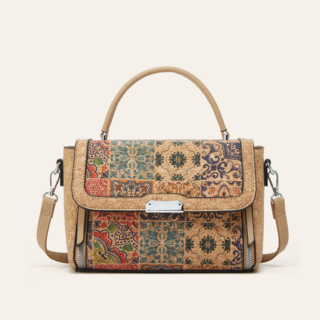 Wholesale Retro Women Sustainable Cork Handbag 2 Way Top Handle Crossbody Shoulder Bag