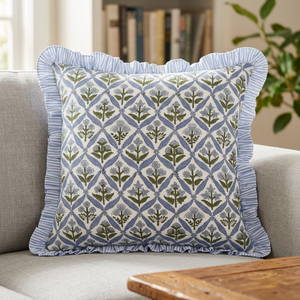 Hot Sale Ridhi Coastal <b>Blue</b> Frill Ruffles Floral 100% Cotton Block Print Vintage Modern Luxury Customizable <b>Throw</b> Pillow Decor - Product Image 3