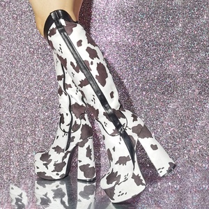 Wide Fit Cow Print Women Knee-High <b>Boots</b> Chunky Heels Platform Shoes Fancy Women's Big Size 47 Gothic Styles Long Booties - Product Image 1