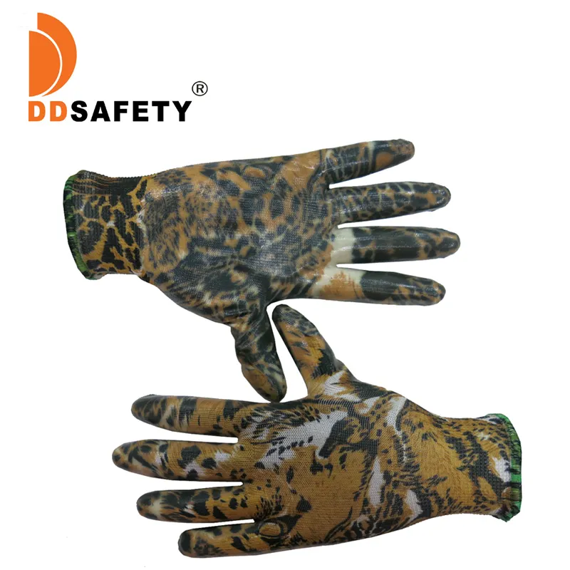 13 Gauge White Nylon with Eagle Design Pattern Print Shell Gloves with Transparent Nitrile Coating Smooth Finish