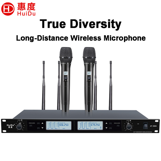 HuiDu AT-200S UHF Wireless Microphone System 200 Channels Dual Channel True Diversity >100M Range Rack-Mountable LCD Display for