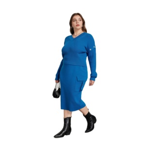 Conjunto de Dos Piezas de Falda <span class=keywords><strong>Midi</strong></span> para Mujer, Conjunto de Punto Azul Otoñal, Suave, Transpirable y Elegante con Cinturón Cargo - Product Image 1