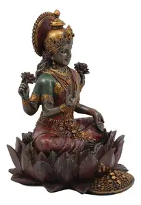 Polyresin/Resin Ganesh รูปปั้นเทพธิดาฮินดูลักษมีที่สวยงามนั่งอยู่บนรูปปั้นดอกบัว6.25 "การตรัสรู้ตะวันออกสูง