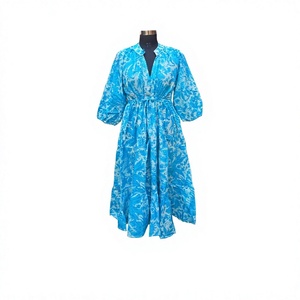 Women's Blue Floral Print Mid-Calf Vintage V-Neck Puff Sleeve Loose Fit Eco-Friendly Digital Printed Summer Knitted 100% Cotton - Product Image 1