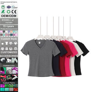 T-shirts pour femmes de haute qualité, logo personnalisé, 230 g/m², 92 % coton, 8 % élasthanne, tricot décontracté, col en V, manches courtes, ajustés, respirants - Product Image 1