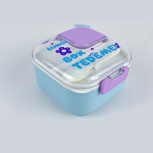 Boîte à <span class=keywords><strong>bento</strong></span> en plastique pour enfants avec compartiments, poignée de transport, couvercle transparent ; compatible micro-ondes ; motifs personnalisables pour le déjeuner - Product Image 3