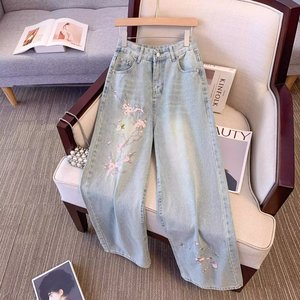 Jeans a Gamba Larga da Donna in Stile <span class=keywords><strong>Cinese</strong></span> con Ricami Floreali, Lavaggio Chiaro, Vita Alta, Pantaloni in Denim Larghi, Pantaloni Casual Retrò - Product Image 5