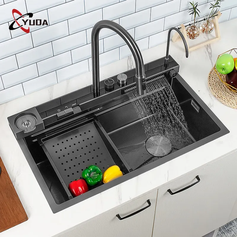 Modern lüks tasarım akıllı Nano siyah 304 paslanmaz çelik mutfak lavabosu çok fonksiyonlu şelale mutfak lavabo