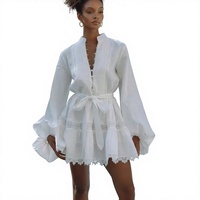 Robe blanche d'automne style station balnéaire européenne/américaine, col montant, manches classiques, simple boutonnage, mini-robe en dentelle patchwork