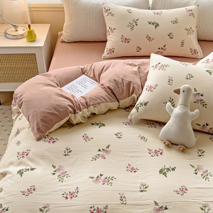 <strong>Double</strong> Layer Yarn Polyester <strong>Duvet</strong> <strong>Cover</strong> Fitted Sheet Dorm Single Bedding Set 4 Piece Soft Breathable for Student Dorm Home - Product Image 1