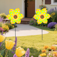 Molino de Viento Decorativo de Girasol con Puntos de Colores, Resistente a la Intemperie, de Plástico, Venta al por Mayor, Bajo MOQ, Directo de Fábrica, Estaca Decorativa Grande de 28 Pulgadas