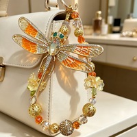 Breloque de sac en alliage avec strass et libellule, perles de cristal faites à la main, porte-clés de sac à main, pendentif de téléphone portable, décoration