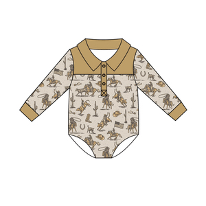 Pre-ordenar: Pelele de burbuja personalizado OEM para bebés niños, de manga larga, con botones aztecas y temática de caballo del rodeo occidental, para temporada de caza, con broches de boutique. - Product Image 4