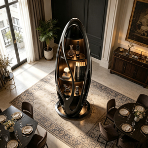 Oval Glossy <b>Black</b> Fiberglass Wine <b>Cabinet</b> Tempered Glass Door Built-in Led Shelves for Luxury Home Dining Room This This Wine - Product Image 5
