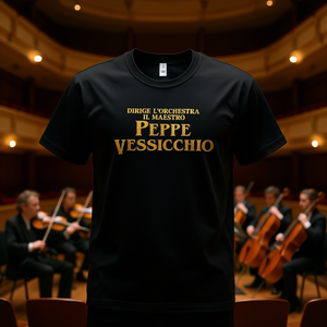 T-Shirt Promozionale Peppe Vessicchio Dirige L'Orchestra con Stampa Nera e Oro - Product Image 3