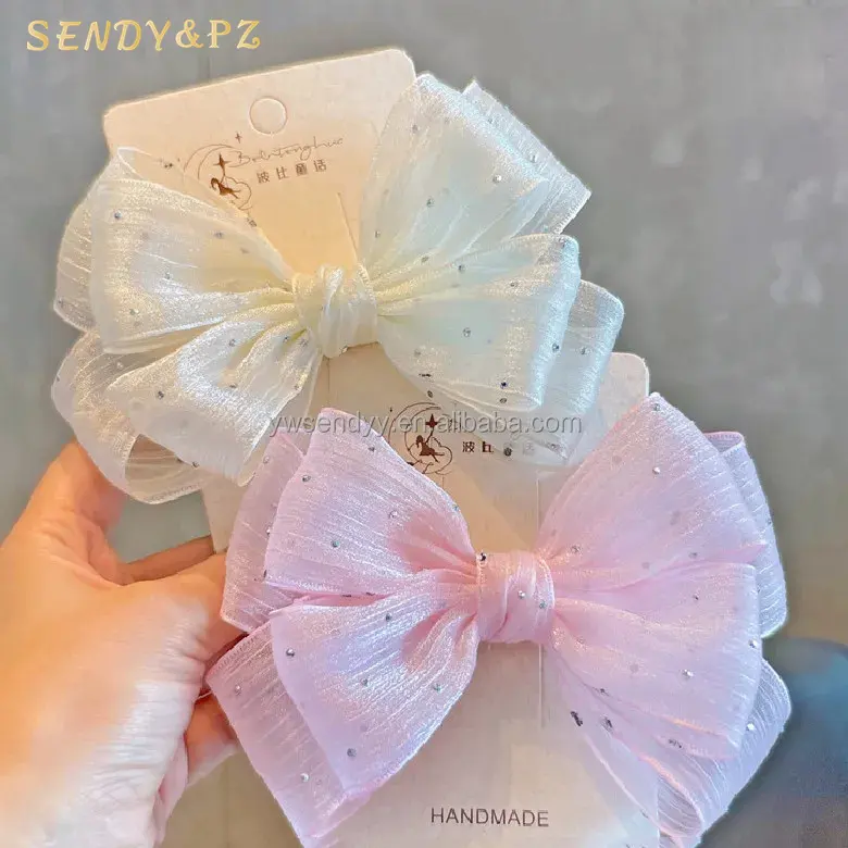 Sweet Cute Solid Color Mesh Seersucker Bow Kids Hairpins Children Clips Fairy Tales Princess Accessories