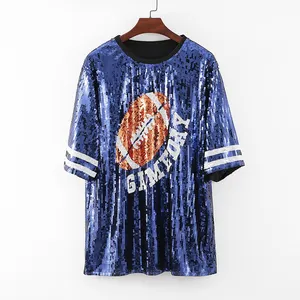 Vente en gros de maillot à paillettes bleu pour le match de football, chemise personnalisée, robe à paillettes décontractée pour femmes en stock