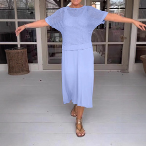 Conjunto de Vestido Calado para Mujer 2026, Top de Punto Casual de Color Liso con Cuello Redondo, Traje de Vestir Estilo Europeo Americano - Product Image 4