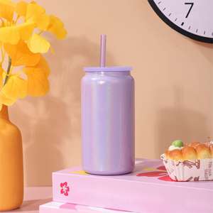 Ah 16 עוז סובלימציה שימר כפול יכול קיר כפול קיר נירוסטה עם מכסה צבעוני וקש - Product Image 6