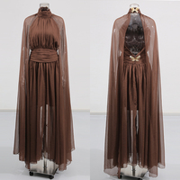Elegantes Kaffeebraunes Maxikleid mit hohem Kragen und Cape-Ärmeln für Damen, Rückenausschnitt mit Schmetterlings-Dekor, Formelles Abendkleid für Fotoshootings, Großhandel