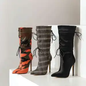 Plus Ukuran Wanita Seksi Klub Platform Tahan Air Fashion Hitam Tinggi Tumit Menunjuk Tengah Boot Lipit Wanita Sepatu Hak Tinggi
