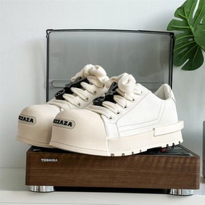 <b>Canvas</b> sneakers men couple Chunky Platform Sneakers White <b>Round</b> Toe Lace-Up Thick Sole Rubber Out sole All Seasons PU texture - Product Image 1