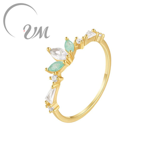 Anillo de Plata de Ley 925 UM JEWELRY, Romántico, con Circonitas Rosa, Verde, Blanco y Azul, Diseño de Flor, Hoja y Luna, Chapado en Oro, para Boda, Compromiso, Estilo Minimalista - Product Image 1