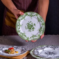 Service d'assiettes de présentation en porcelaine fine, motif floral vert contemporain européen, forme irrégulière, pour fêtes, écologique